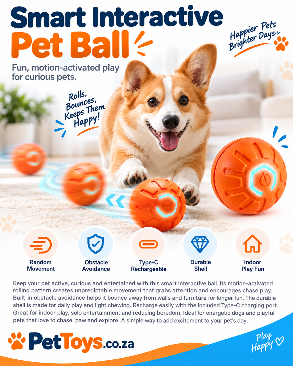 Smart Interactive Pet Ball rolling near a playful dog indoors